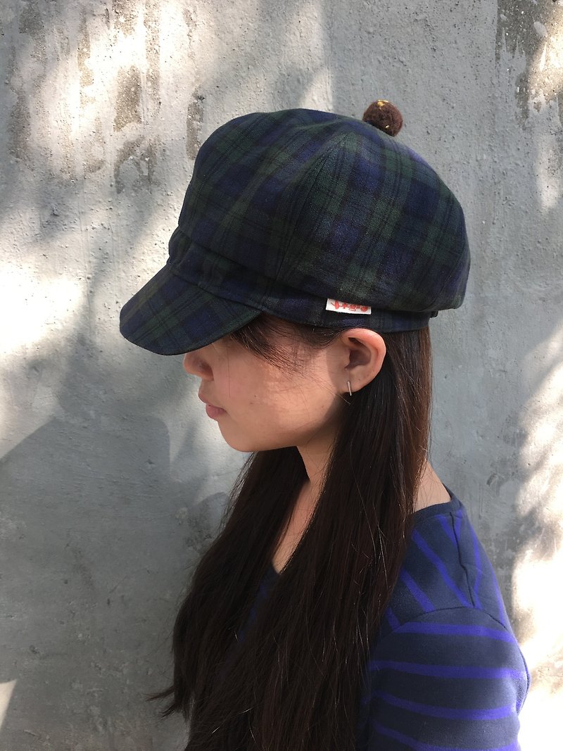 *1 + 1 = 5 / classic green grid with chocolate rice balls of wool felt Qiu Bao bonnet / hat shape* - หมวก - ผ้าฝ้าย/ผ้าลินิน สีเขียว