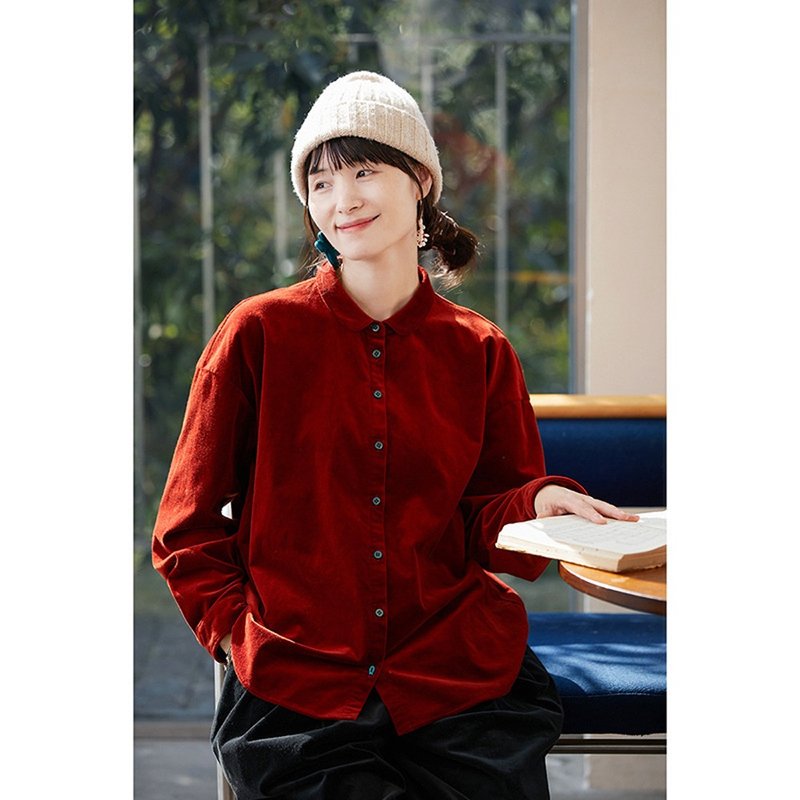 Rohmer red cotton spandex loose casual warm skin-friendly velvet shirt - เสื้อเชิ้ตผู้หญิง - ผ้าฝ้าย/ผ้าลินิน 