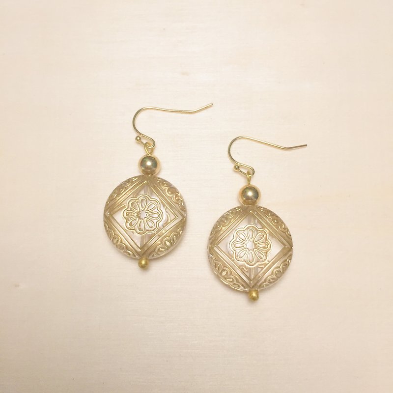 Vintage transparent engraving flower golden ball earrings - Earrings & Clip-ons - Resin Transparent
