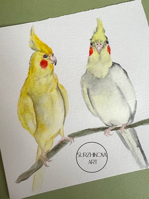 Surzhikova ART Watercolor original painting of a pair of cockatiel parrots, 6x6 inches