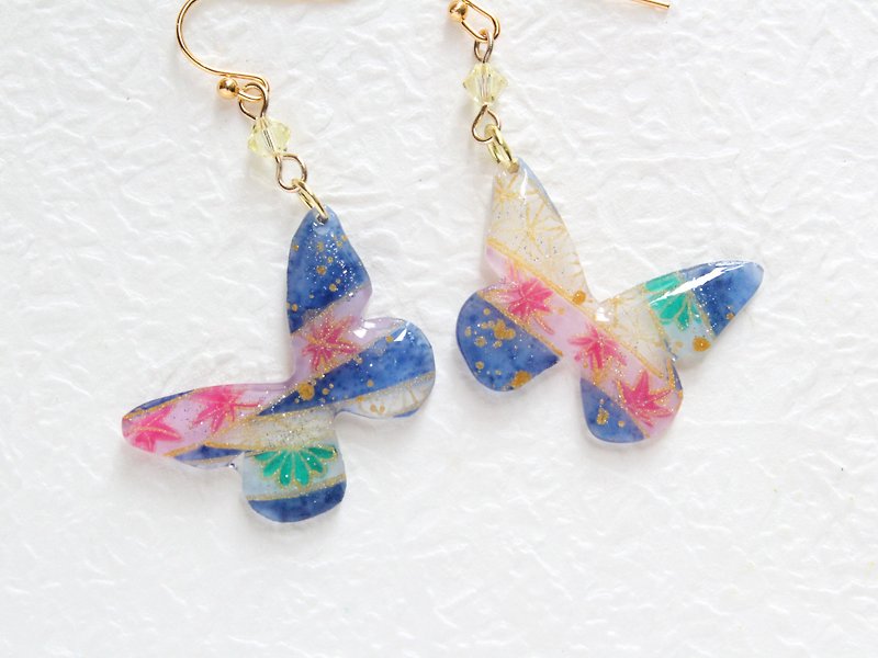 Blue butterfly earrings with hand painted japanese pattern - Earrings & Clip-ons - Plastic Blue