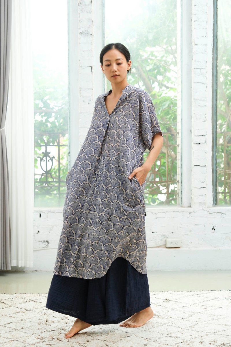 Indian cover dye key collar dress/voile blue apricot - One Piece Dresses - Cotton & Hemp Blue