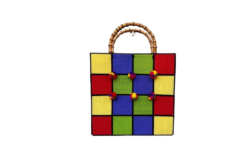 Handmade COLORBLOCK Plastic Canvas hangbag with Bamboo Handle, Pom Pom details - 手提包/手提袋 - 其他材質 多色