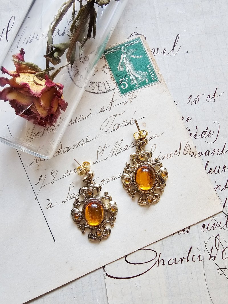 Vintage Gold-plated Amber Drop Earrings 【vintage jewelry】 - Earrings & Clip-ons - Other Metals Orange