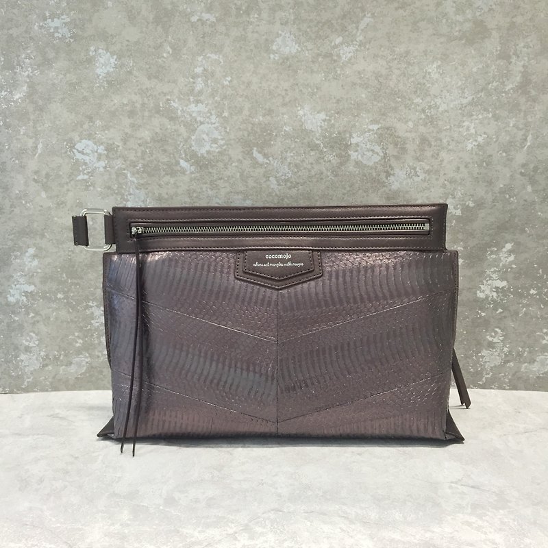Francine deep brown shiny snakeskin bag - Clutch Bags - Genuine Leather Brown