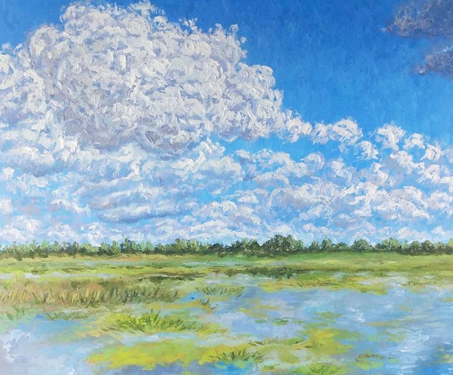 風景画、雲の油絵、オリジナルのアートワーク、湿地の絵画 - ショップ