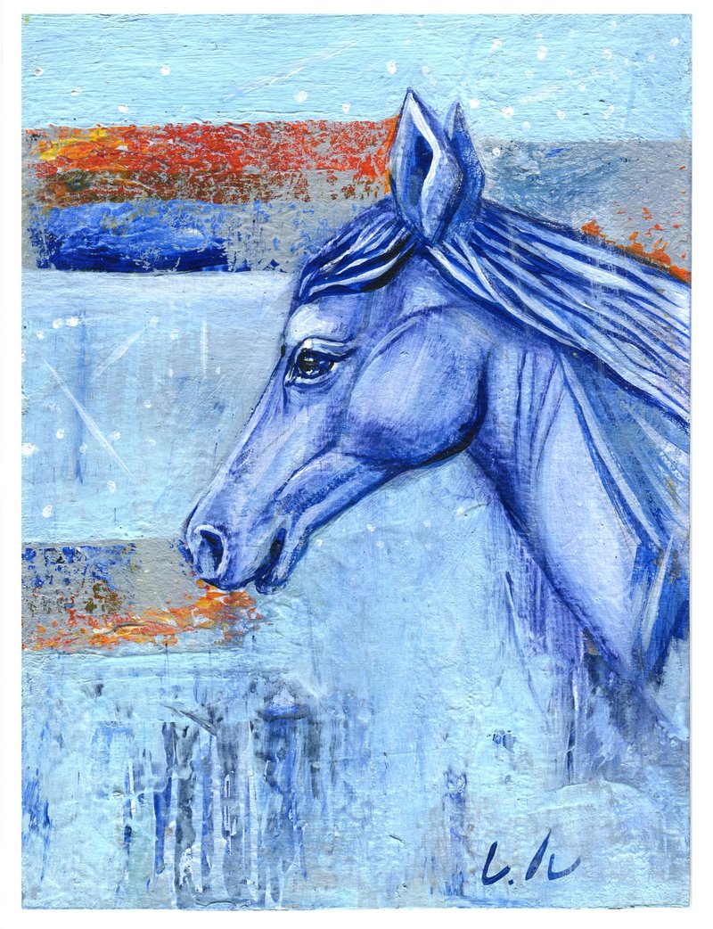 Original Acrylic painting. Wild Horse . Size 7.8 x 10.4 inch - 海報/掛畫/掛布 - 紙 多色