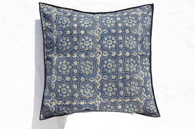 Christmas gift limited handmade woodcut printing pillowcase / cotton pillowcase / printing pillowcase / hand-printed pillowcase - indigo blue Moroccan tiles - Pillows & Cushions - Cotton & Hemp Blue