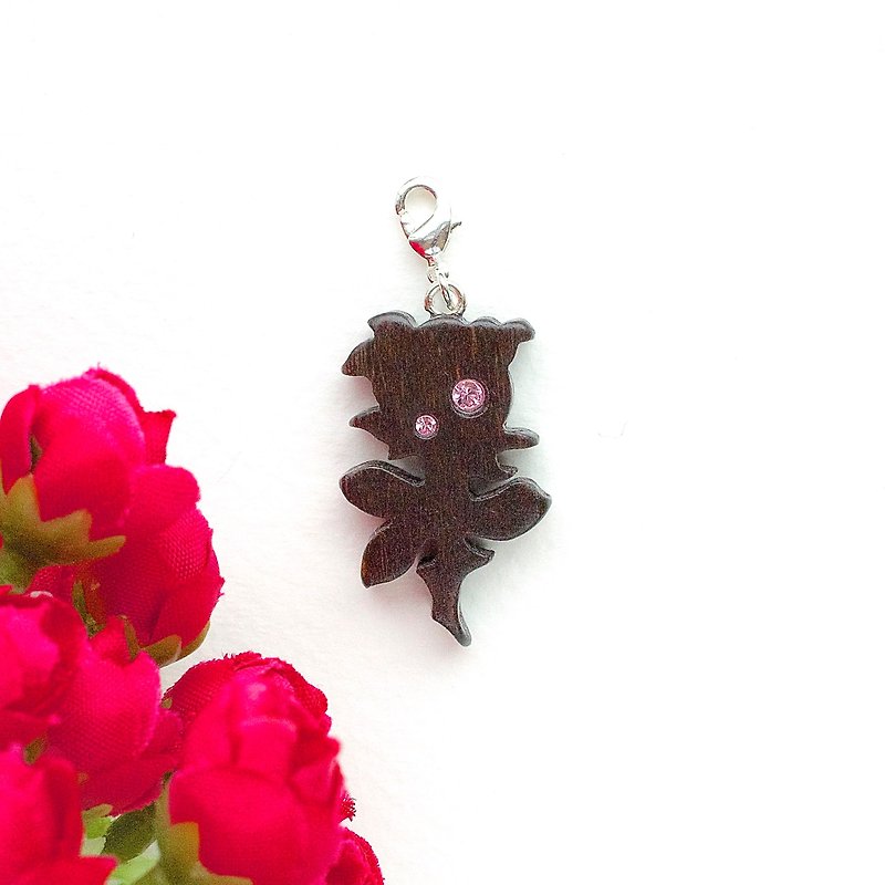 Rose wooden charm (can choose gold / silver plated Lobster clasp) - Other - Wood Brown