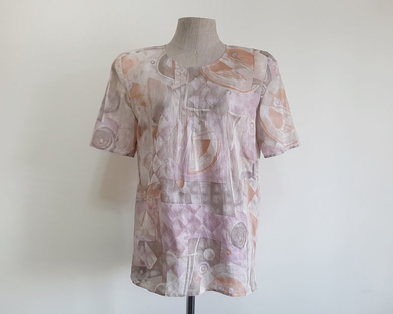 Vintage Abstract Print Blouse Womens Cotton Linen Short Sleeve Top Small S - Women's Tops - Cotton & Hemp Purple