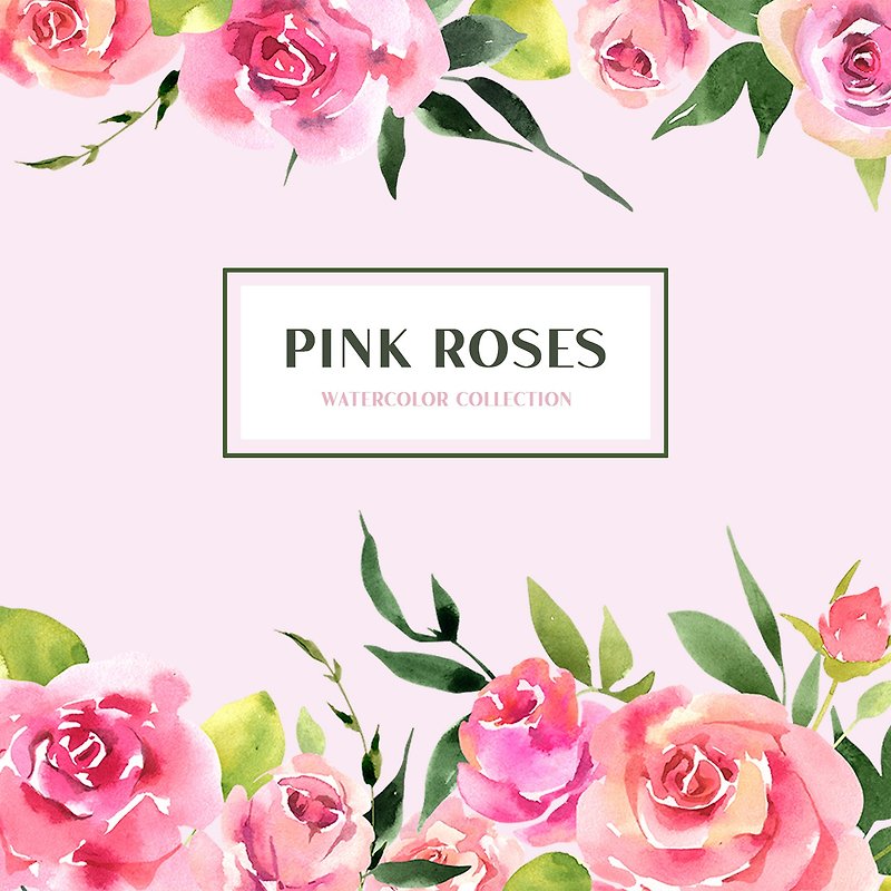 Pink Roses watercolor clipart, Bright Floral and Greenery bouquets, frames PNG - 插畫/繪畫/書法 - 其他材質 