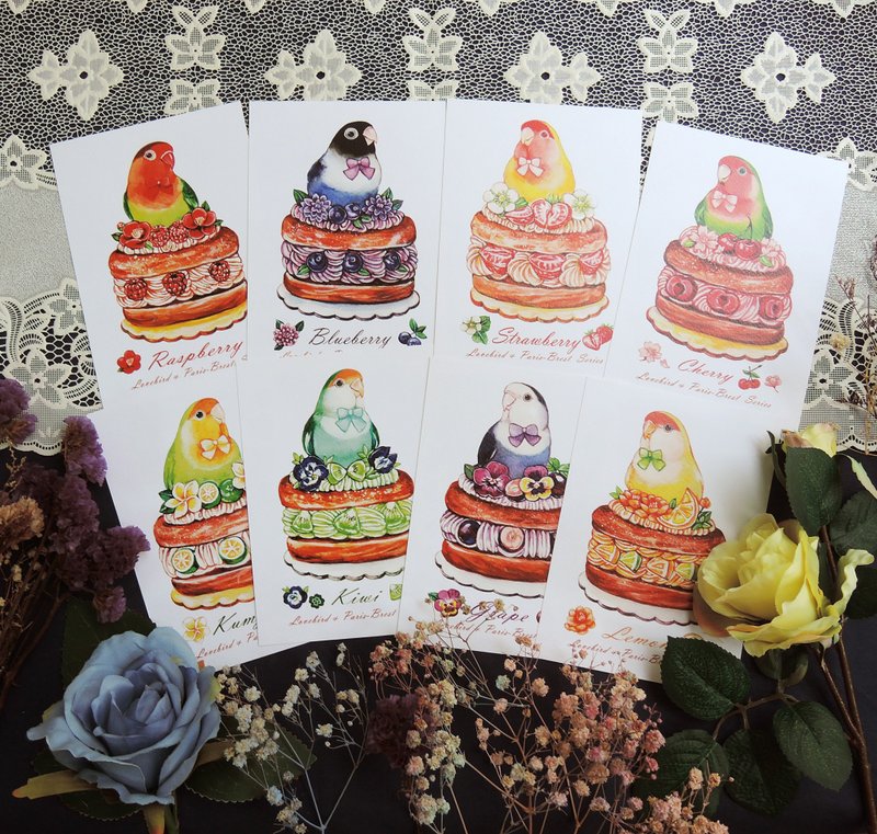 愛情鳥花圈泡芙塔明信片套組 - 卡片/明信片 - 紙 多色
