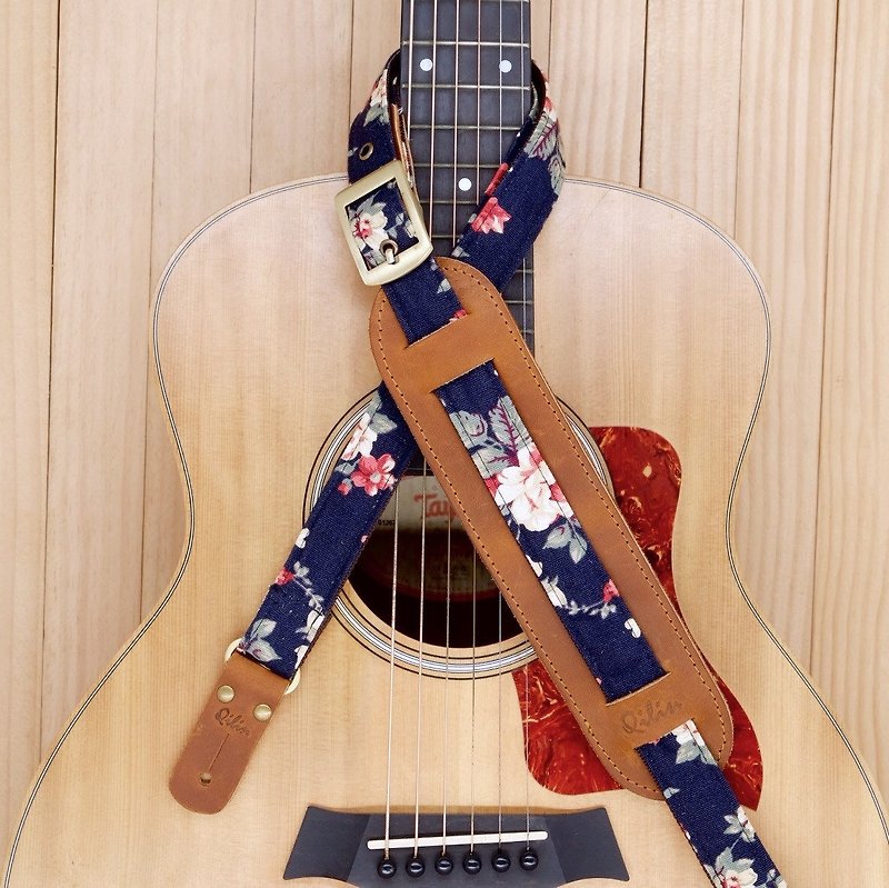 海軍ファブリック花 - ヴィンテージギターストラップ - ギター・楽器 - 革 ブルー
