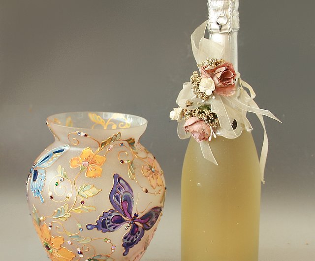 蝶 野生の花 ガラスの花瓶 スワロフスキー クリスタル 手描き