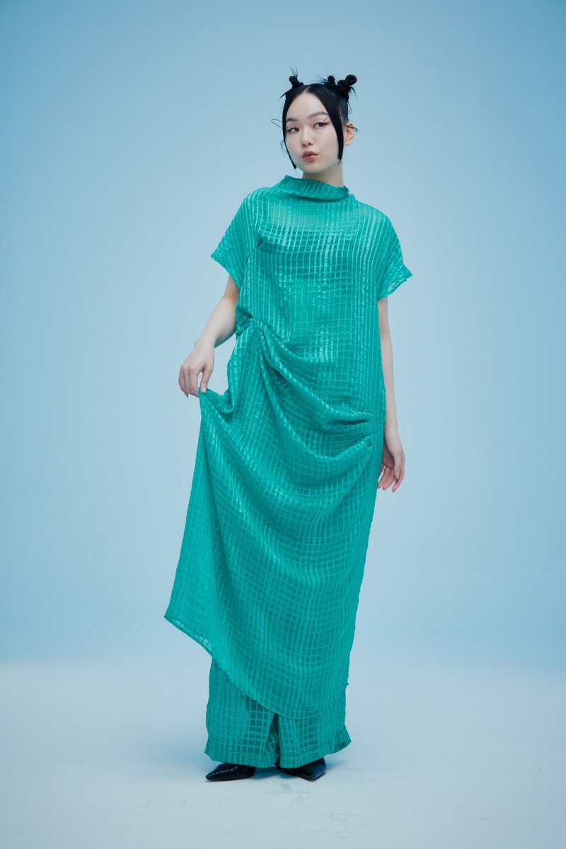 Troubled Heart グリーン チェック柄 シフォン ドレープ ドレス - ワンピース - ポリエステル グリーン