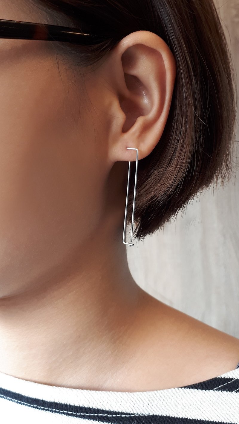 輕耳飾 純銀耳環 空間方線一對(長方折款) 設計師手工銀飾 - 耳環/耳夾 - 純銀 銀色