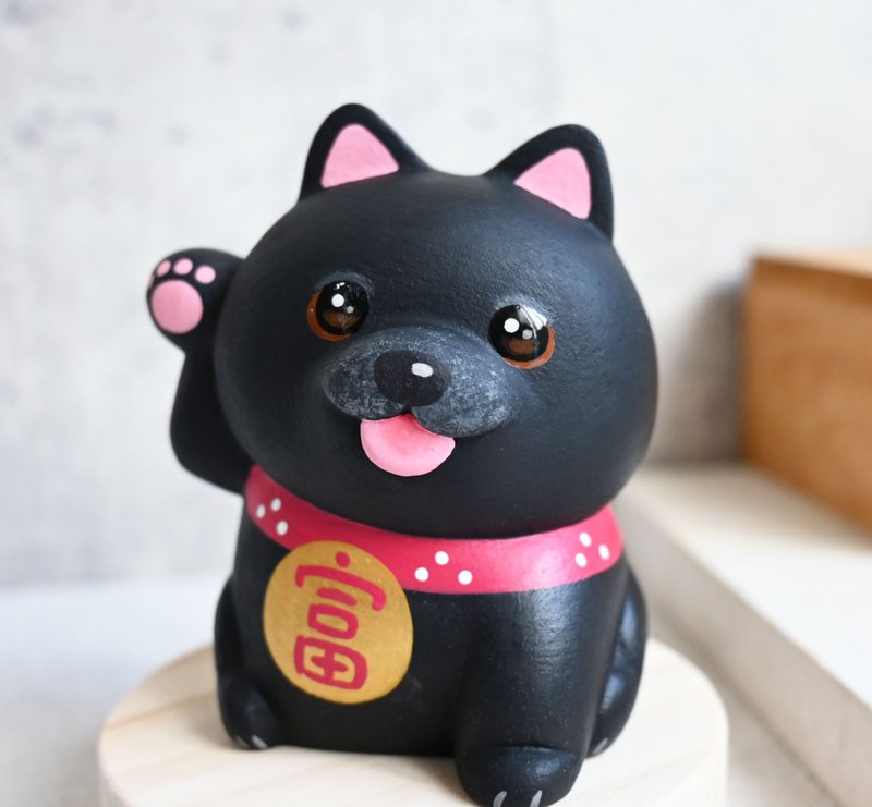 Dog Lai Fu Lucky Black Dog Decoration Business Card Holder Hand-carved Healing Decoration Small Wooden Carving Doll - ที่ตั้งบัตร - ไม้ สีดำ