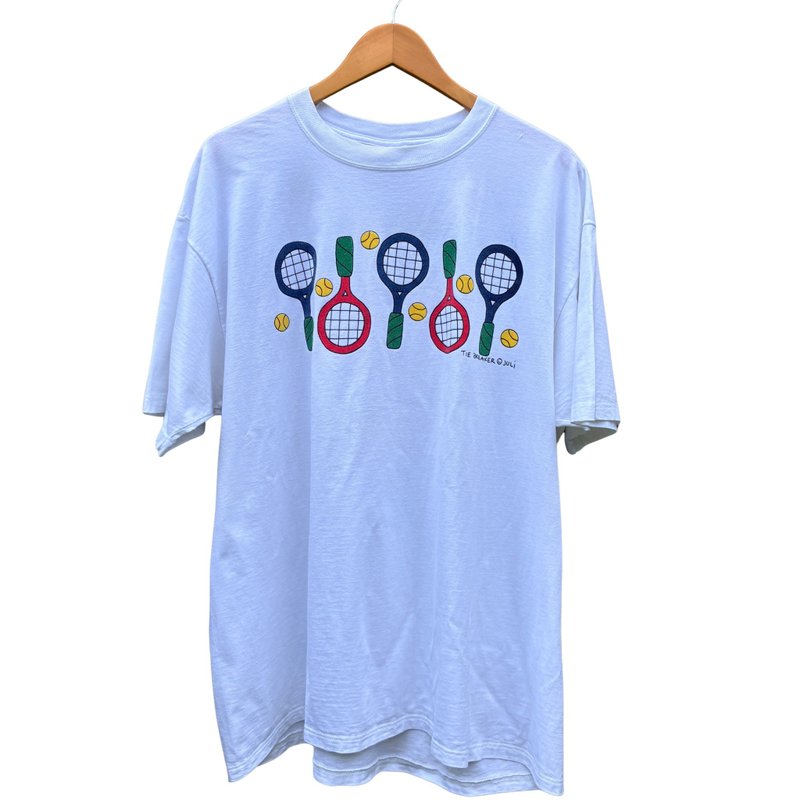 Vintage 90s Juli Tie Breaker Tennis Art T-shirt - 男 T 恤 - 棉．麻 白色