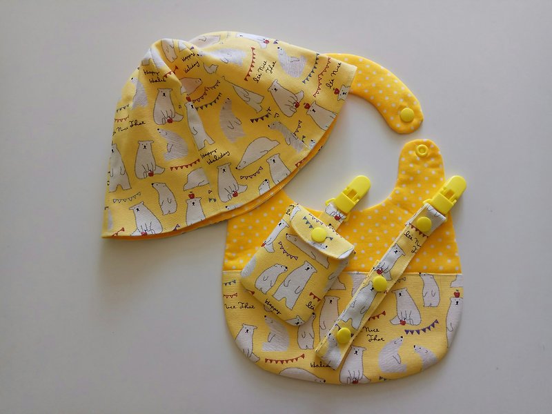 黄色の熊の月の贈り物の赤ちゃん帽子+ビブ+平和シンボルバッグ+ユニバーサルフォルダ - 出産祝い用贈物 - コットン・麻 イエロー