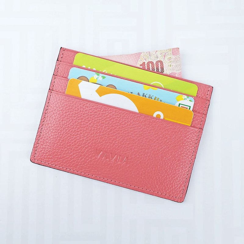 Coral Pink Cow Leather Card Holder - 銀包 - 真皮 粉紅色