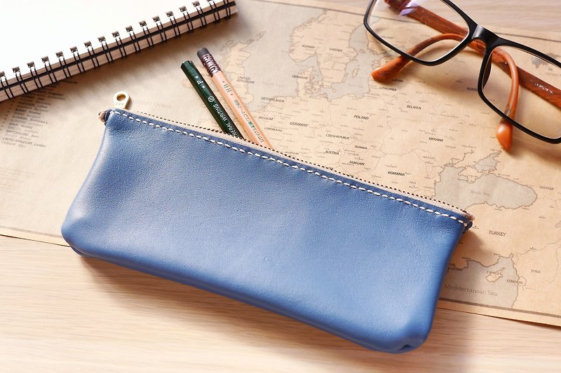Leather pencil case pencil case pencil case turquoise blue - Pencil Cases - Genuine Leather Blue
