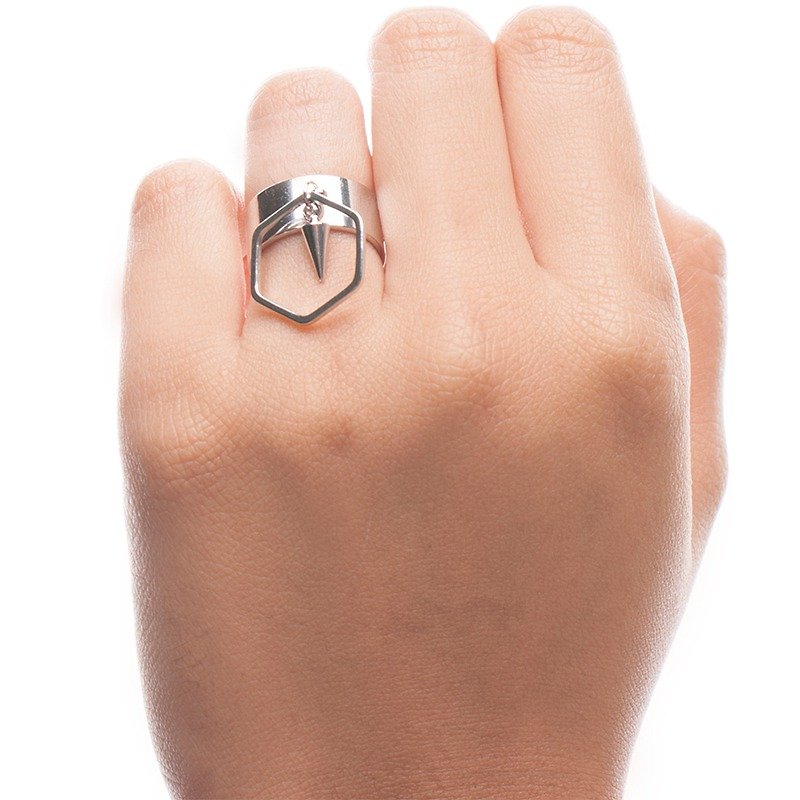 :: :: Jane Yue Pangke series of minimalist punk rivet geometry personality adjustable ring / :: Minimalist PUNK Collection :: Rhodium Plated Minimalist Punk Geometric Adjustable Ring Spike Hexagon Loop Band - แหวนทั่วไป - โลหะ สีเงิน