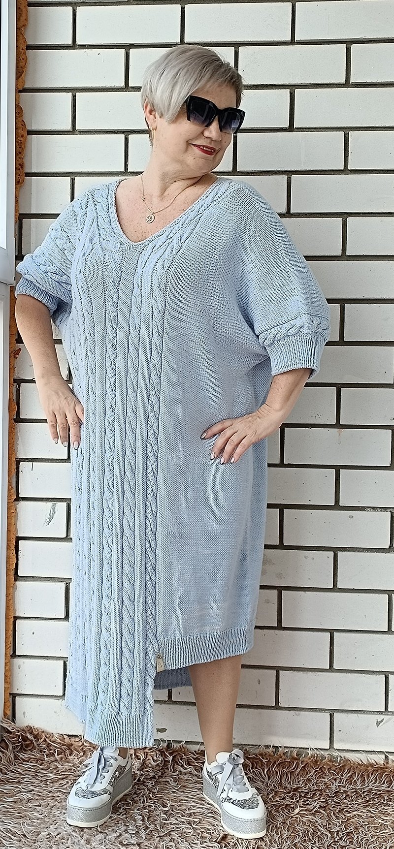 レディース ブルー ドレス 大きいサイズ 非対称 手編み コットン - ワンピース - コットン・麻 ブルー