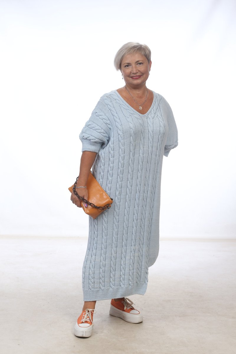 Women's blue dress large size asymmetrical hand knitted cotton - One Piece Dresses - Cotton & Hemp Blue