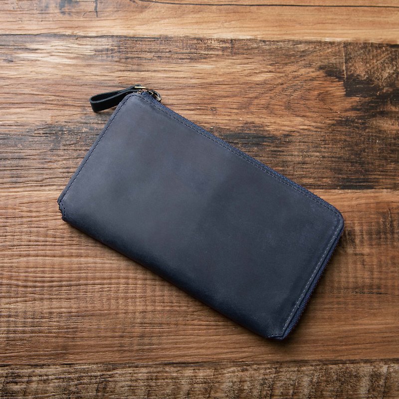 Custom Engraving Super Lightweight Long Wallet TIDY2.0 Slim Long Wallet Blue - กระเป๋าสตางค์ - หนังแท้ สีน้ำเงิน