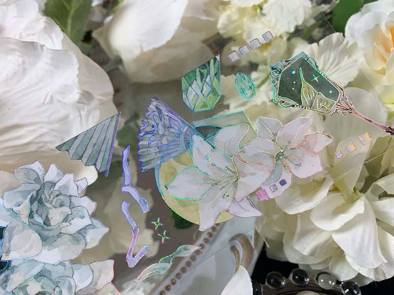 百合與扇子 PET 紙膠帶 鐳射銀 特殊工藝 - 紙膠帶/和紙/PET - 紙 綠色