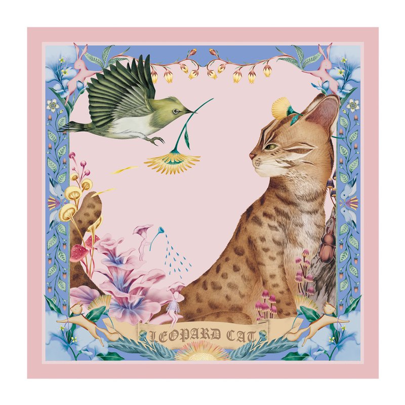 手繪絲巾 / 綠繡眼與石虎 / 裸粉 / 65x65cm - 絲巾 - 聚酯纖維 粉紅色