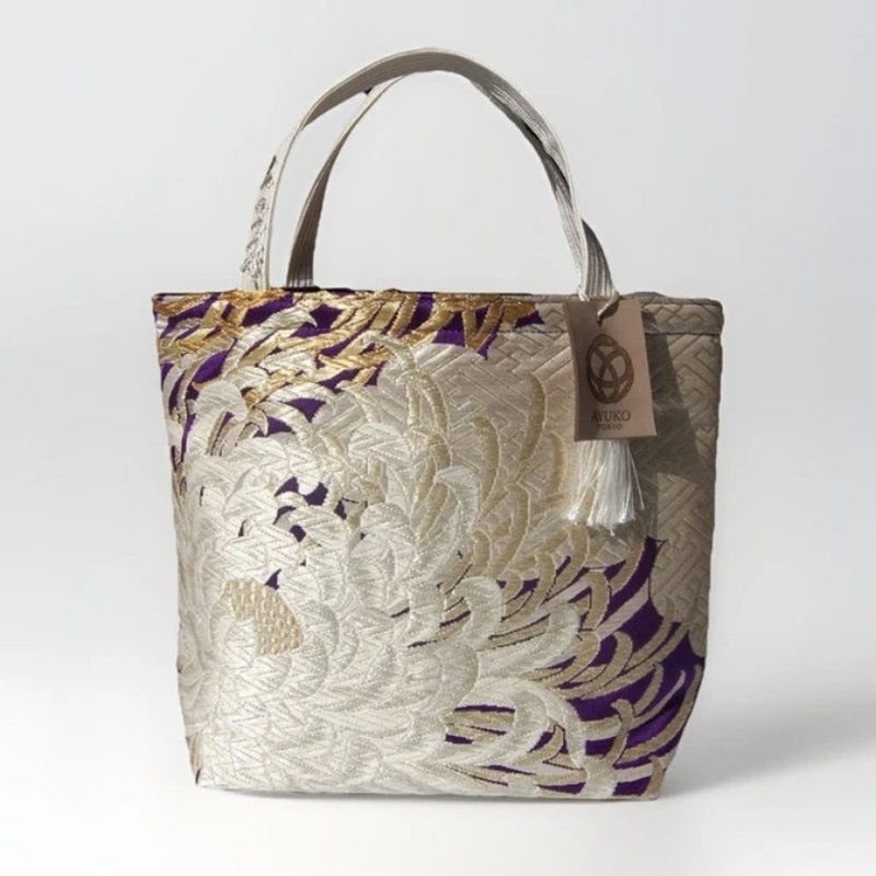 獨一無二真絲和服袋帶托特包, 日本手工刺繡升級改造包, 和風藝術 - 手提包/手提袋 - 絲．絹 銀色