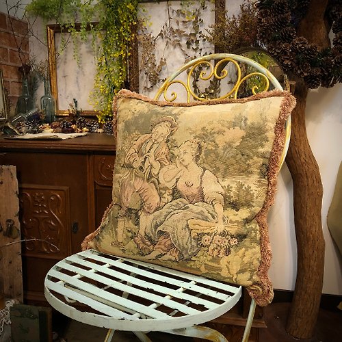 CT歐美老件古董雜貨舖 英國製19世紀風情白金漢手工掛毯天鵝絨布靠枕