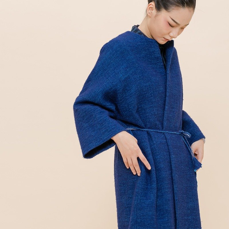BUFU  unisex woolen oversized long coat in blueO170804 - Women's Casual & Functional Jackets - Wool Blue