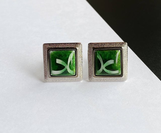 リボン【エメラルド Emerald】 七宝焼のカフスボタン カフリンクス