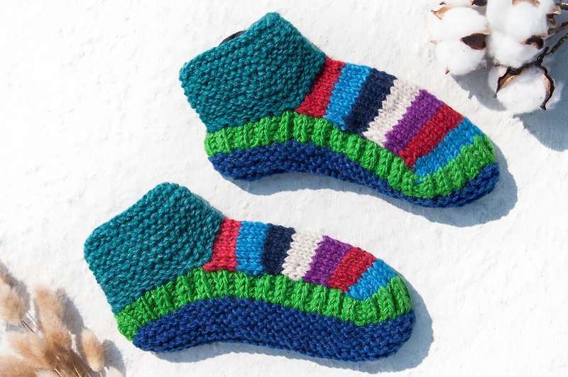 Hand-knitted pure wool knit socks/inner brushed striped socks/wool crocheted stockings/warm wool socks-Rainbow Forest - ถุงเท้า - ขนแกะ หลากหลายสี