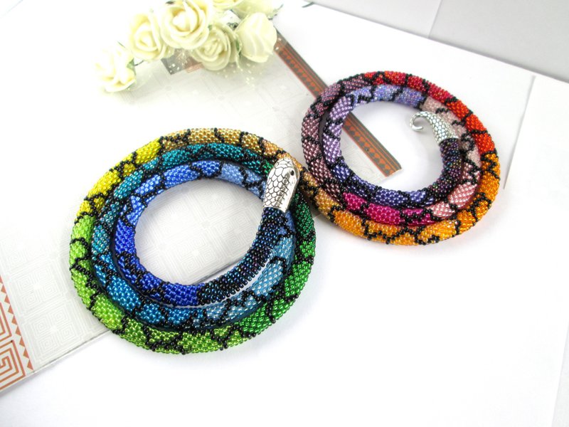Rainbow Snake necklace bracelet Ouroboros jewelry Serpent rope Beaded necklace S - 長項鍊 - 其他材質 多色
