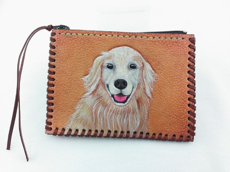 Golden retriever / poodle vegetable tanned leather hand-carved flat zipper bag / purse (customized pet dog cat rabbit fur child) - Collars & Leashes - Genuine Leather Brown