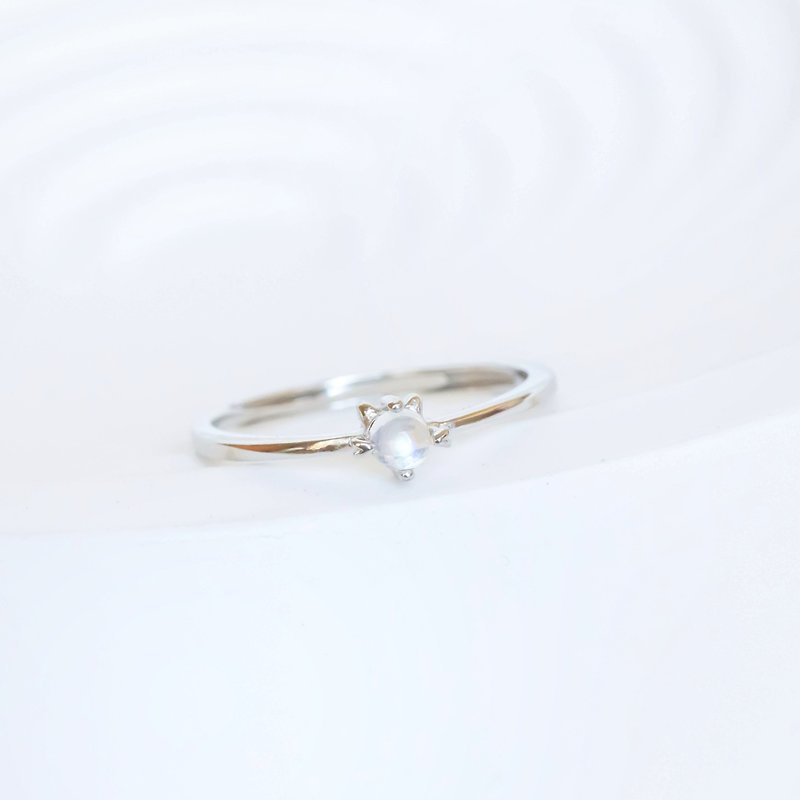 月光石925純銀貓咪戒指 可調式戒指 - 戒指 - 寶石 藍色