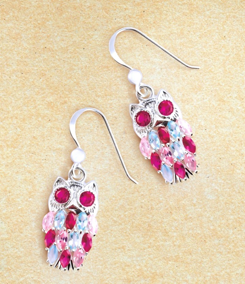 Silver CZ Owl Earring - 耳環/耳夾/耳骨夾 - 其他金屬 粉紅色