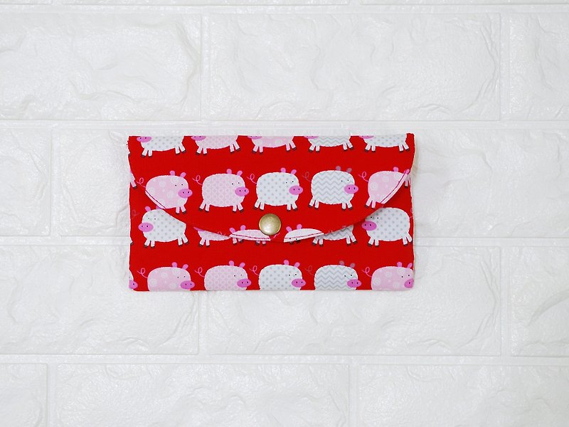 手作りの布を再生する。かわいい豚（赤）赤袋通帳保存袋 - 財布 - コットン・麻 レッド