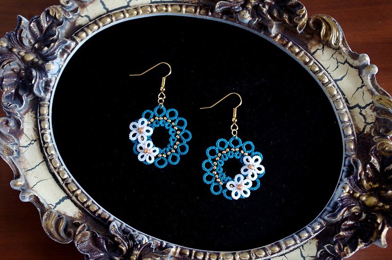 Tatting Lace Round Flower Earrings - Peacock Blue - Earrings & Clip-ons - Cotton & Hemp Blue
