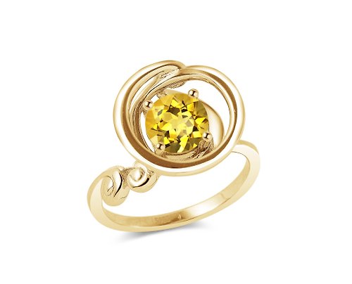 Majade Jewelry Design 黃水晶圓形戒指 11月誕生石單石戒指 簡約波浪形925純銀漩渦指環