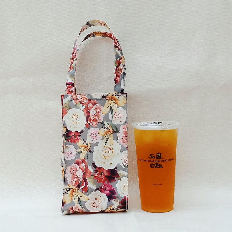 【飲料提袋】優雅花卉 - 杯袋/飲料提袋 - 防水材質 咖啡色