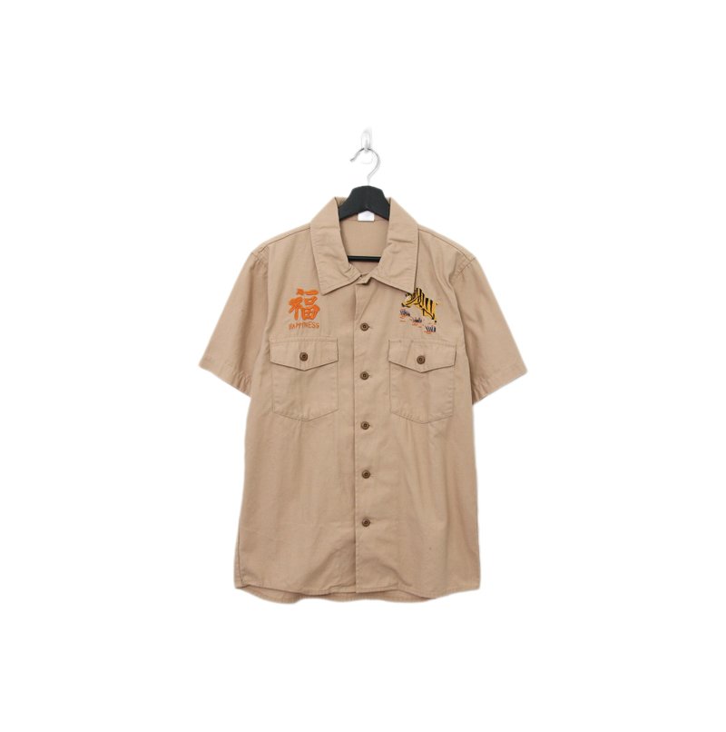 Back to Green-動物圖襯衫 卡其色 刺繡老虎 at-03 vintage shirt - 男襯衫/休閒襯衫 - 棉．麻 