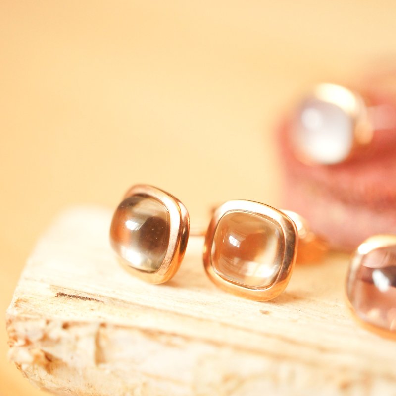 6mm Cushion Cabochon Smokey Quartz 18K Rose Gold Plated Silver Earring Stud - Earrings & Clip-ons - Gemstone Brown