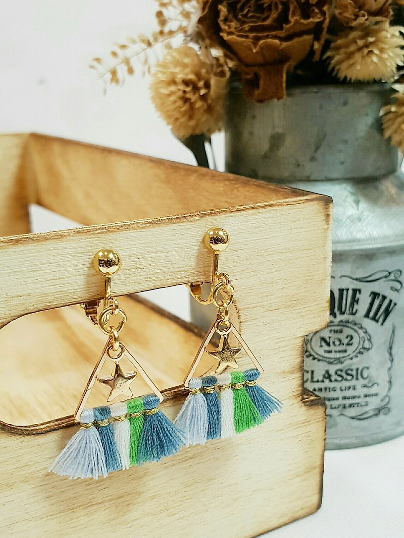 Paris*Le Bonheun. Three-pointed star colorful tassel earrings (ear pin / Clip-On clip type). blue-green - Earrings & Clip-ons - Other Metals Blue