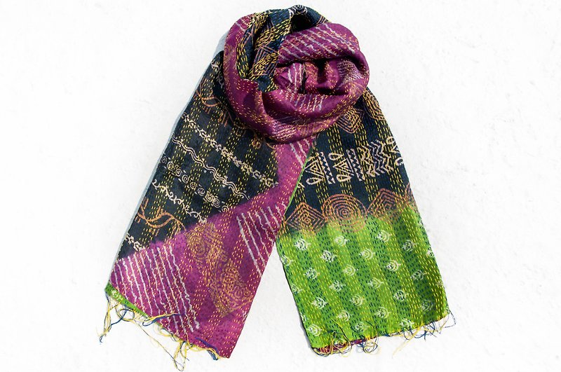 Hand-stitched Sari Fabric Scarf/Silk Embroidered Scarf/Indian Silk Embroidered Scarf-South America Contrast Rainbow - ผ้าพันคอถัก - ผ้าไหม หลากหลายสี