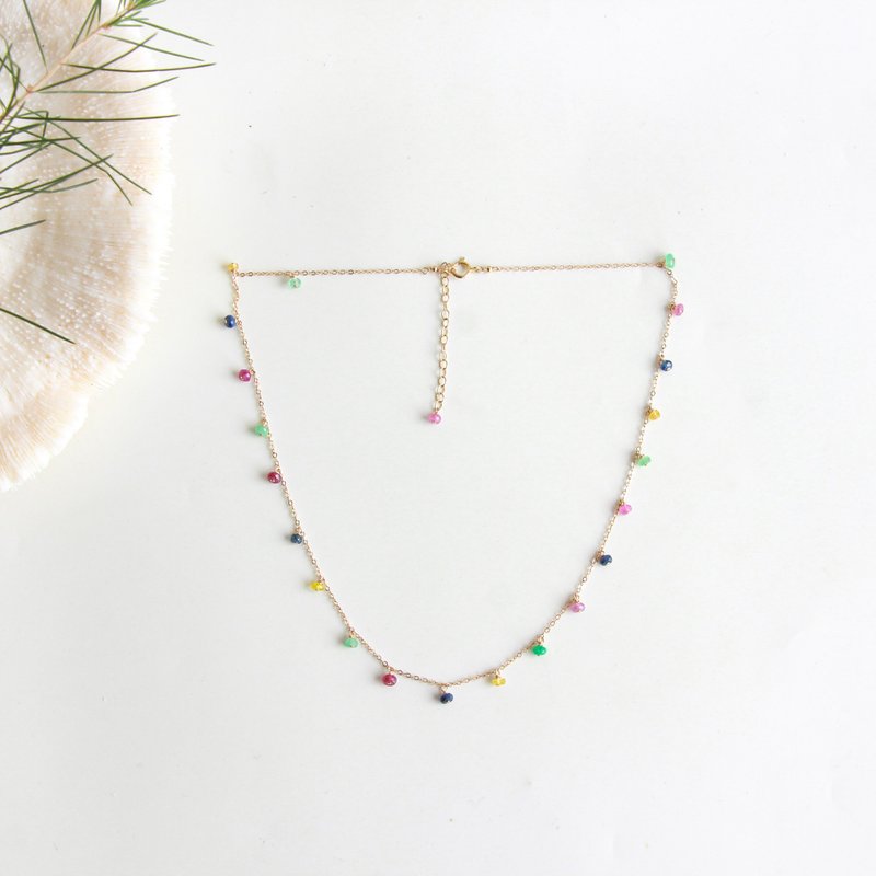 Rainbow Gemstone Necklace 14KGF Ruby Emerald Sapphire September Stone - สร้อยคอ - เครื่องเพชรพลอย หลากหลายสี