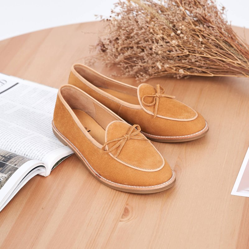 Size Zero [Ripples in the Heart] Waterproof and Anti-stain Leather Bow Loafers_Storm Sand Yellow - รองเท้าอ็อกฟอร์ดผู้หญิง - หนังแท้ สีส้ม